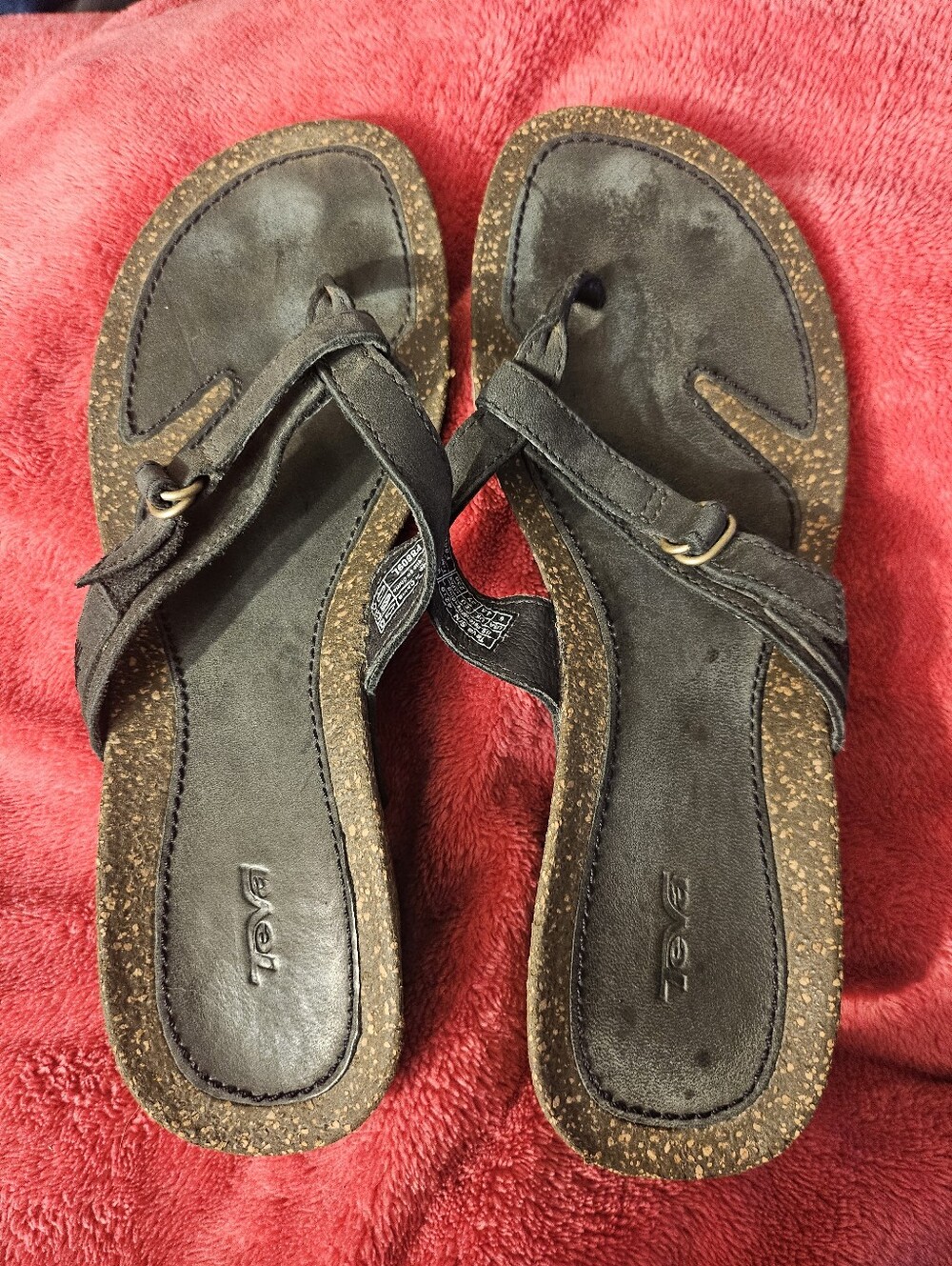 Teva Black Cork-Trim Thong Sandals Ventura Womens Size 6 Wedge Thong